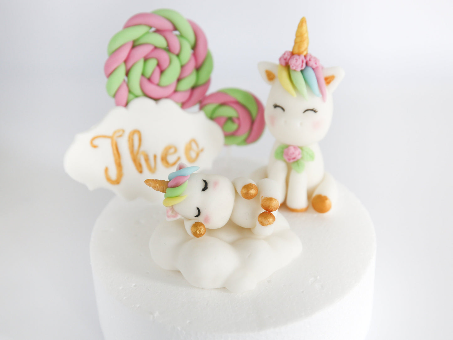 Cute Baby Unicorn Cake Topper Fondant in Cloud Bed and Smiling Unicorn with Lollipops and Name Tag